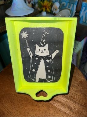 handmade Neon Yellow wooden Cat Wizard Trinket tray
